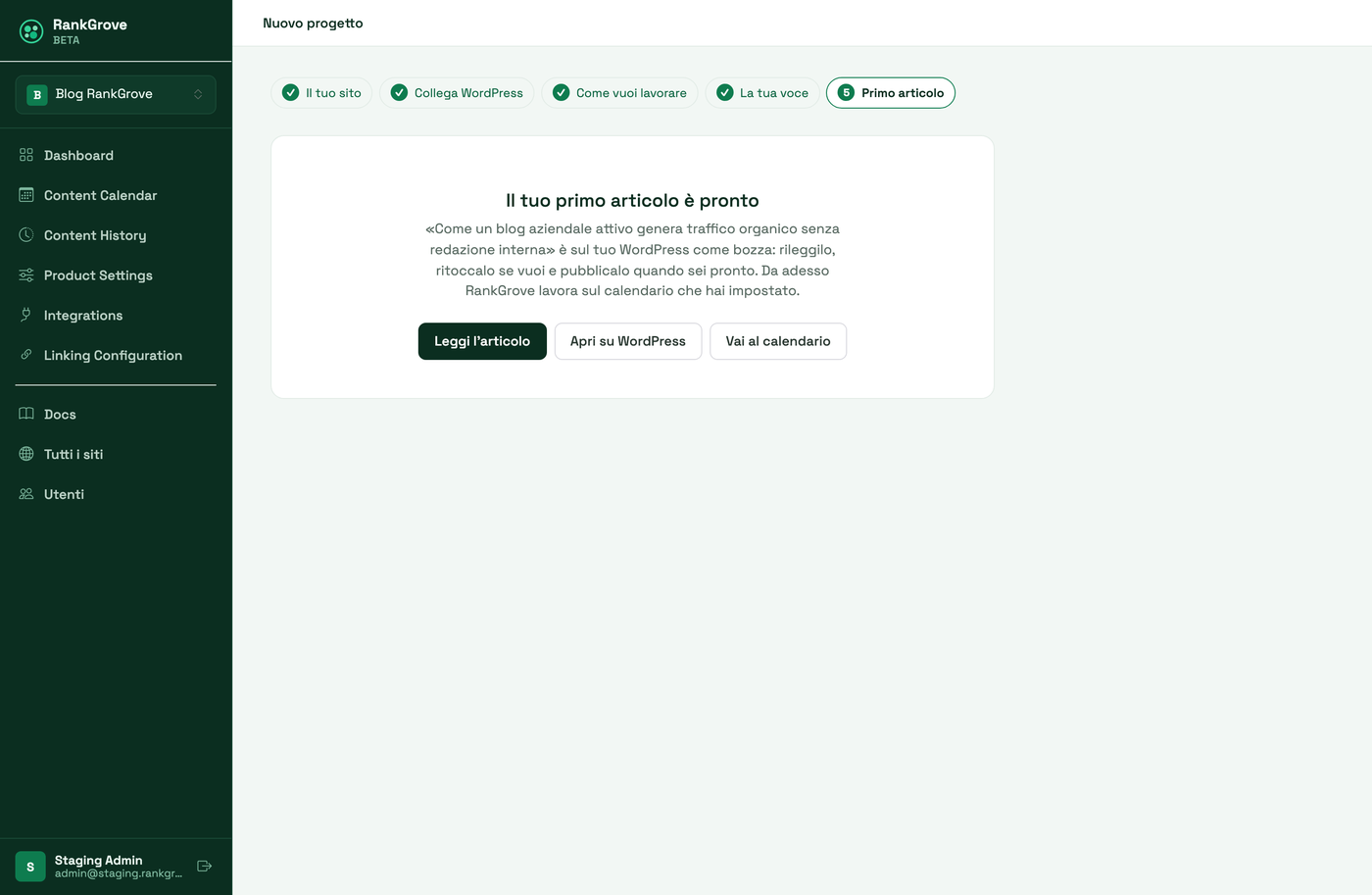 La schermata del primo articolo pronto: titolo, anteprima e pulsanti per leggerlo o aprirlo su WordPress