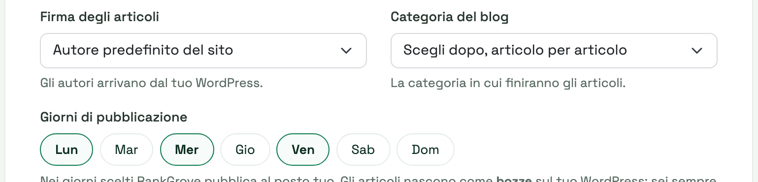 La scelta di firma, categoria e giorni di pubblicazione nel wizard