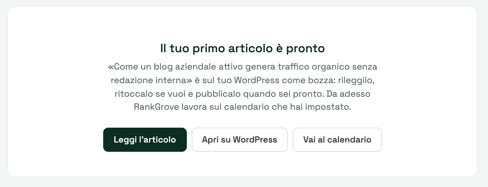 La schermata di fine wizard: il primo articolo è pronto, con i pulsanti per leggerlo e aprirlo su WordPress