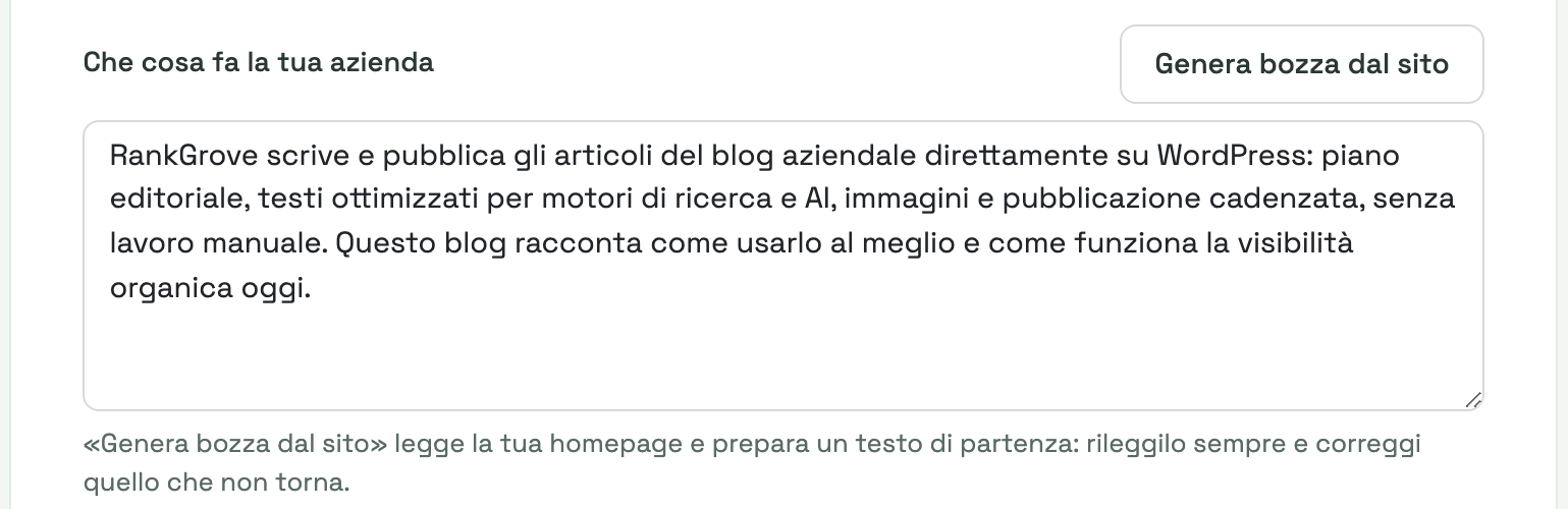 Il campo descrizione azienda del wizard con il pulsante Genera bozza dal sito