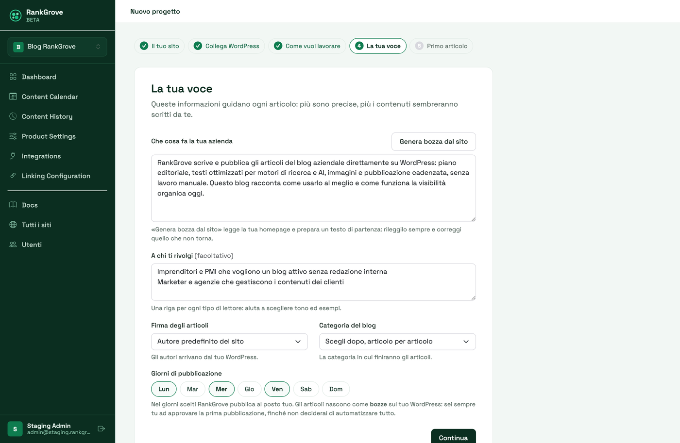 Il passo La tua voce del percorso guidato: descrizione dell'azienda, pubblico, giorni di pubblicazione
