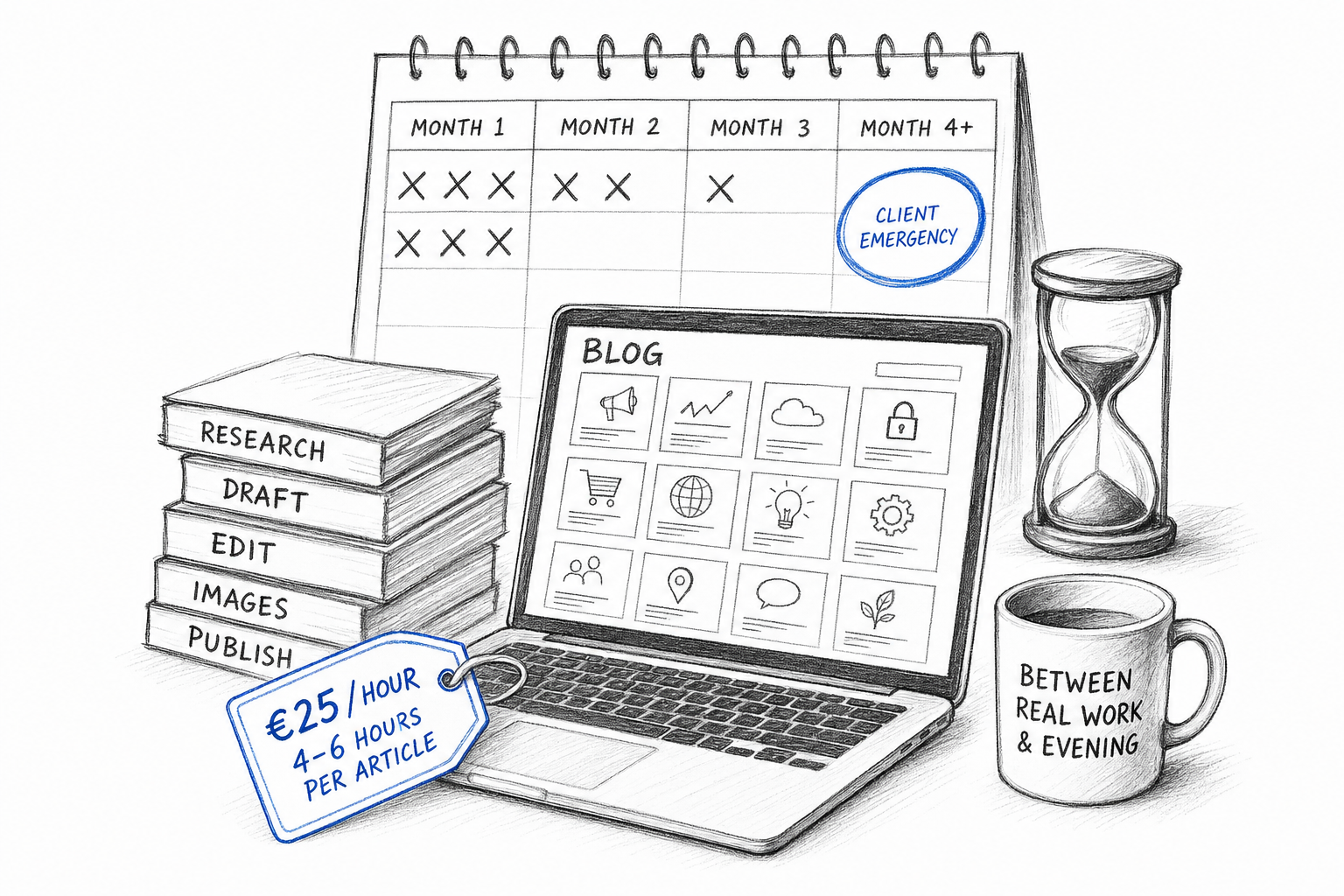 Abandoned company blog calendar illustrating why an SEO blog stalls when nobody owns the publishing slot