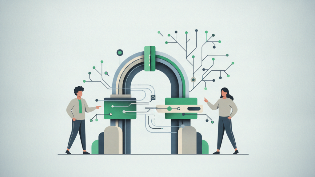Imprenditore che valuta la conformità AI Act dei contenuti aziendali pubblicati online con assistenza dell intelligenza artificiale