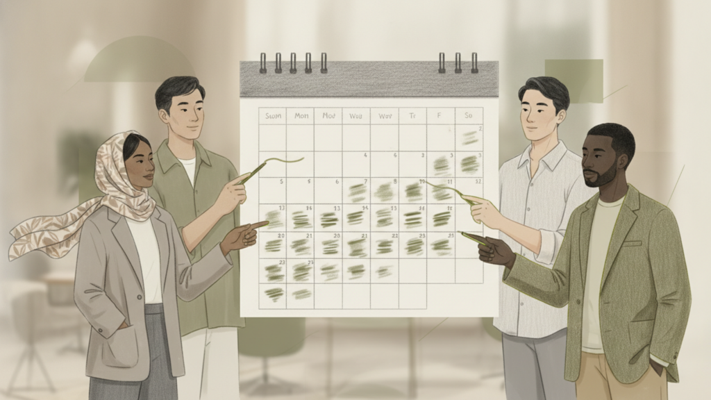 Business owner planning a monthly publishing calendar with automated seo optimization supporting a steady blog cadence