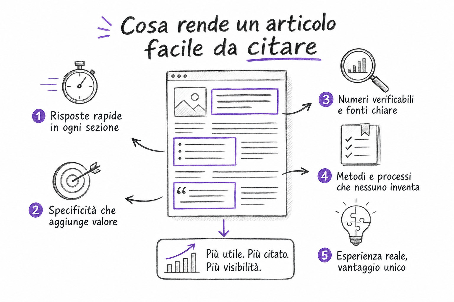 Blocchi di un articolo con il passaggio autosufficiente evidenziato, criterio chiave della generative engine optimization