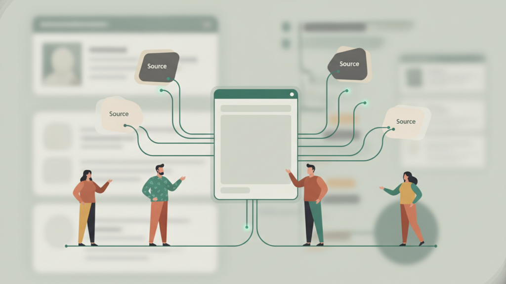 Schizzo concettuale che illustra come funziona Perplexity con fonti numerate collegate a una risposta