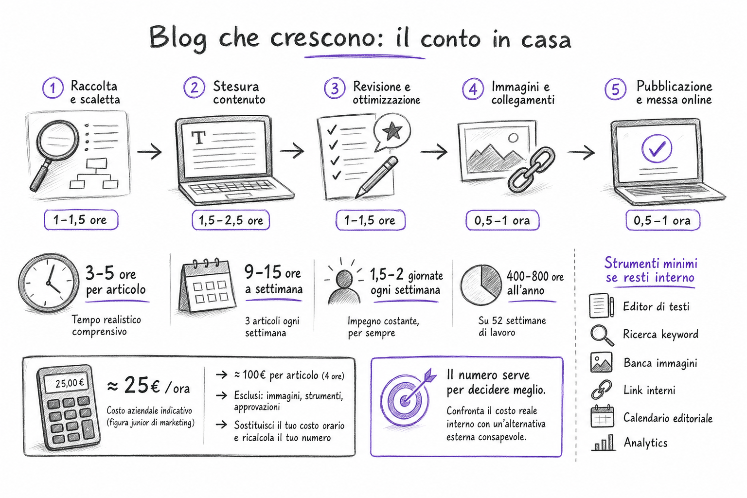 Confronto visivo del tempo settimanale necessario per creare blog aziendale internamente oppure esternalizzando
