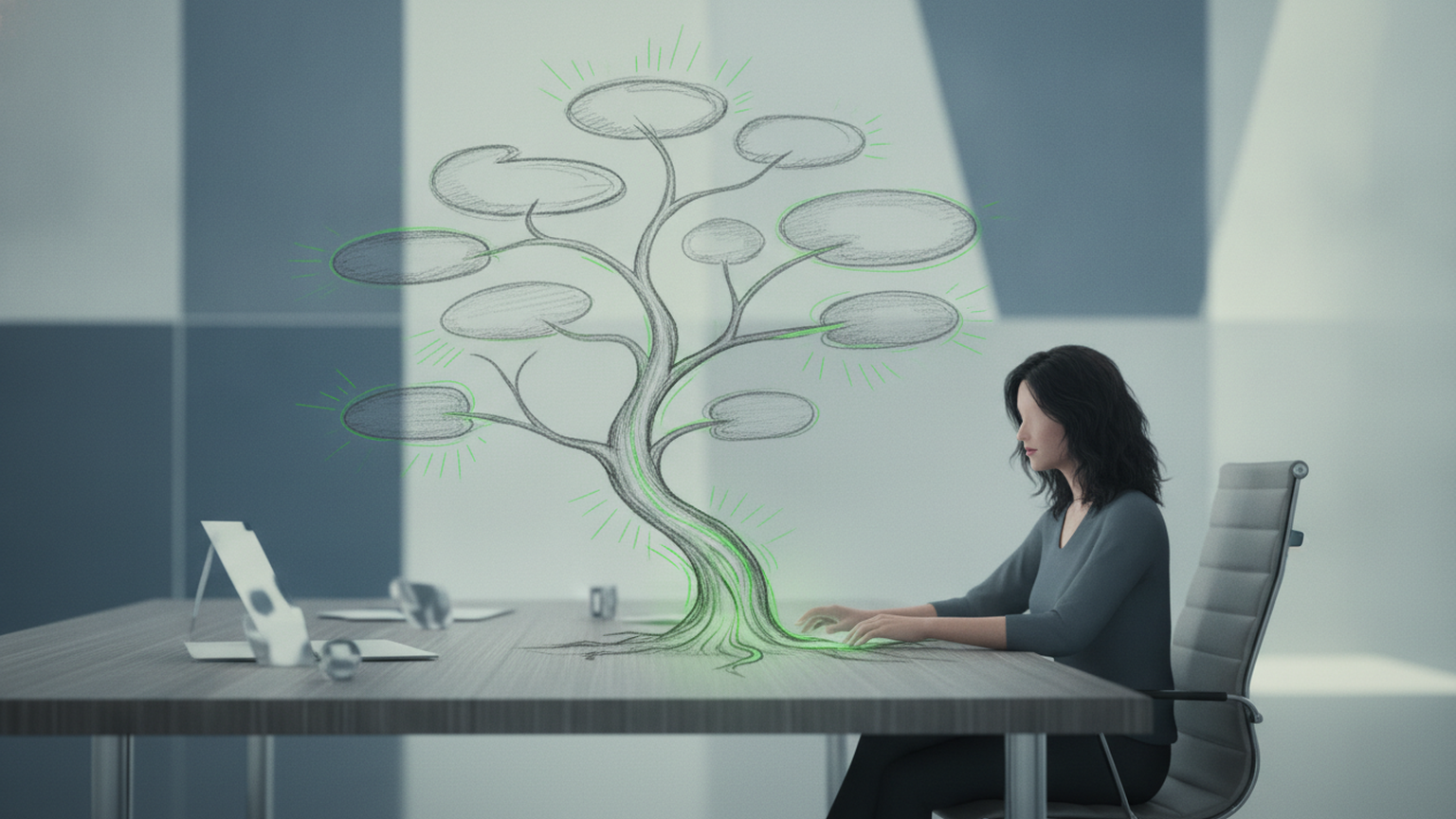 Imprenditore osserva un piano editoriale di content marketing con temi collegati fra loro come un albero
