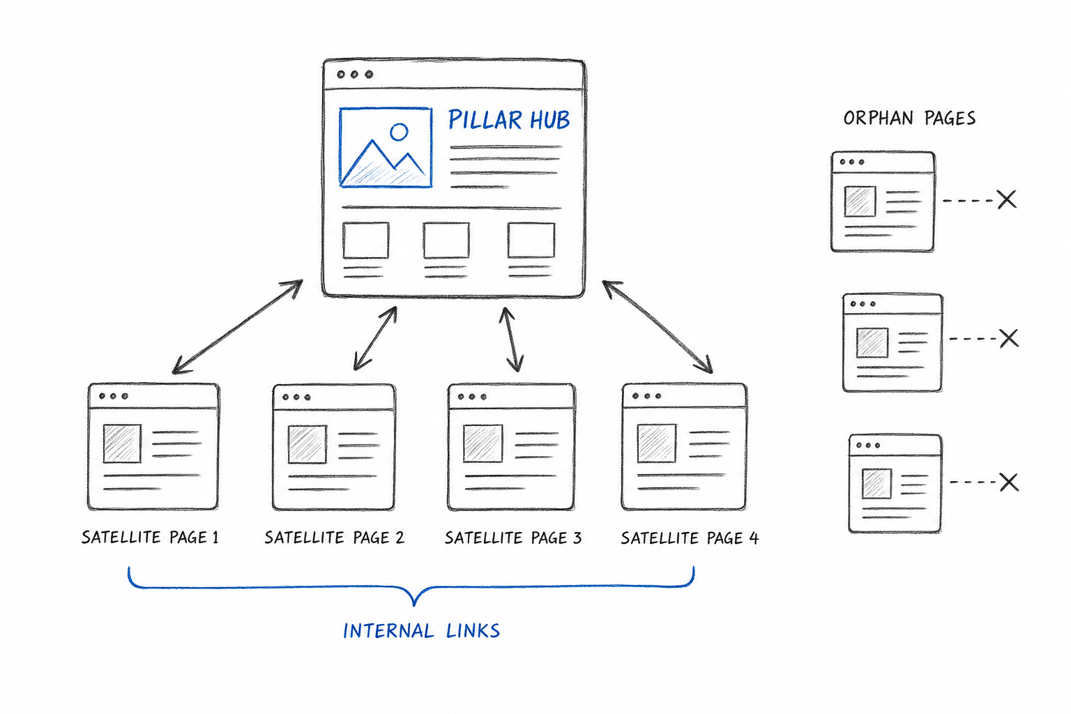 Diagram of pillar and satellite internal linking that signals topical depth for seo ai and generative search visibility