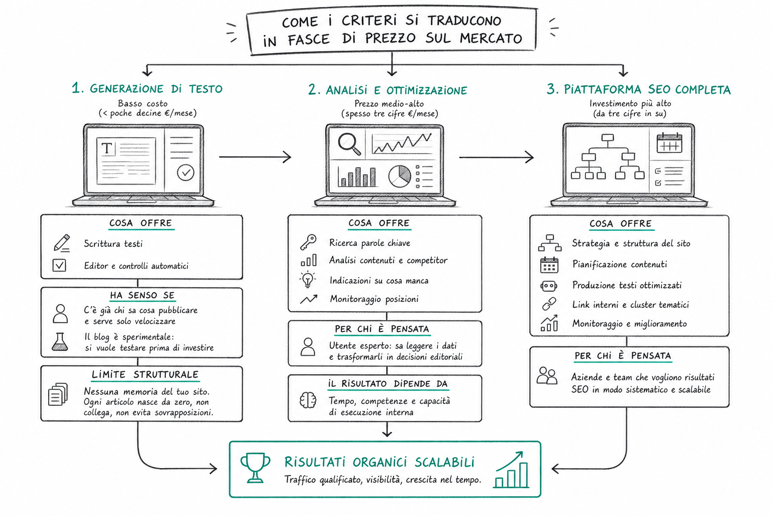 Diagramma delle fasce di prezzo degli strumenti di content marketing dalla generazione di testo al servizio gestito