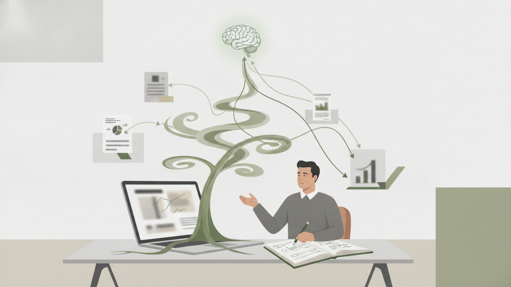 Imprenditore osserva un flusso di risposte AI che citano fonti, concetto di generative engine optimization