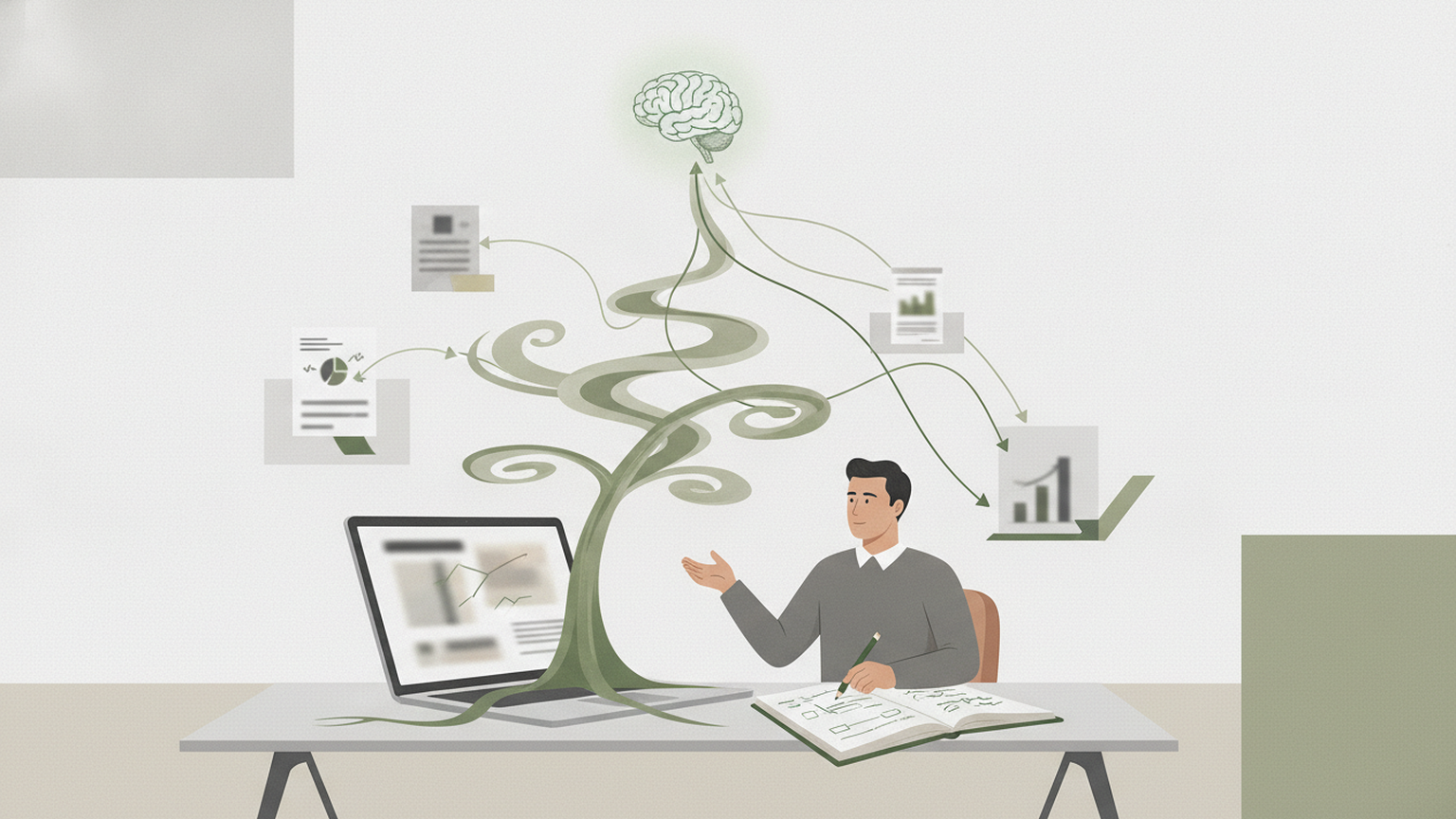 Imprenditore osserva un flusso di risposte AI che citano fonti, concetto di generative engine optimization