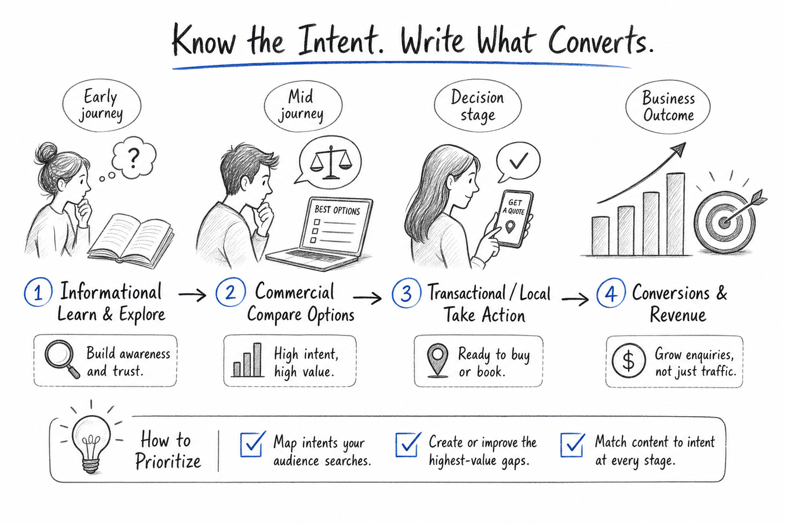 Hand drawn lanes separating informational commercial and transactional intent in seo search optimization planning