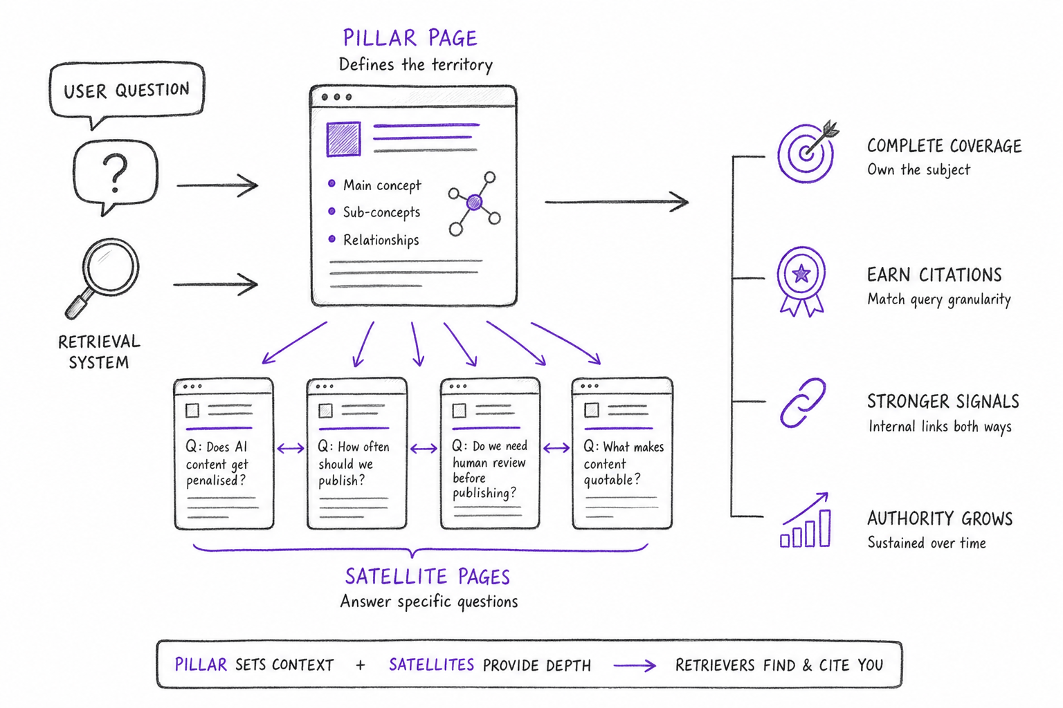 Hand drawn topic tree of pillar and supporting pages that helps a site earn google ai search citations
