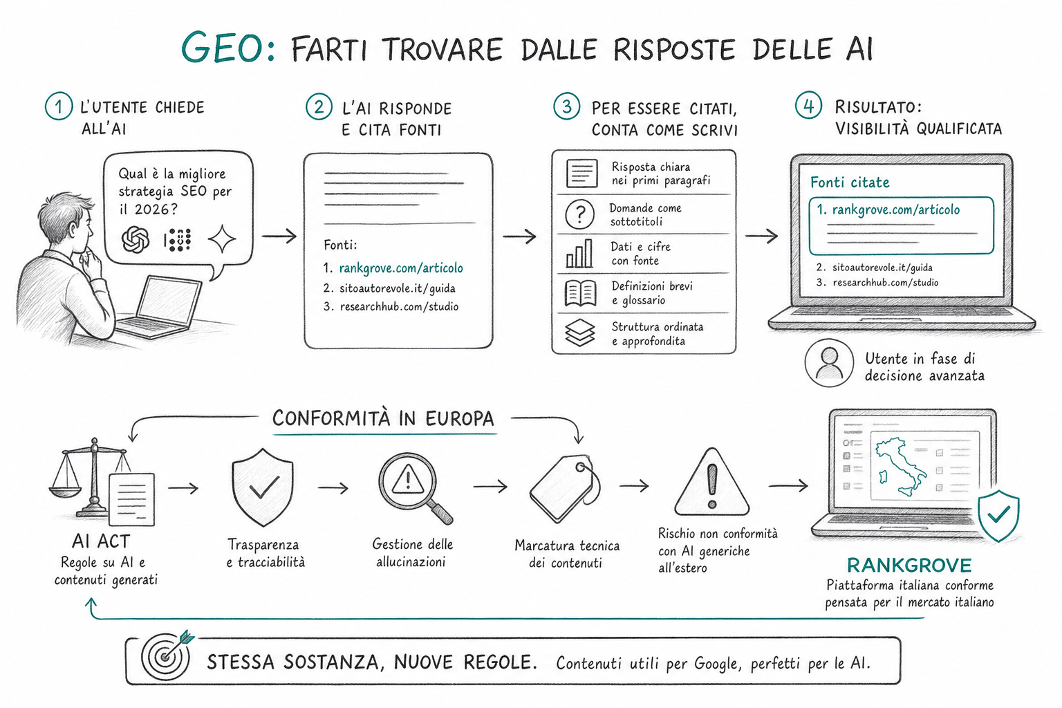 Schema concettuale del flusso di seo marketing verso le citazioni nelle risposte generate dalle AI