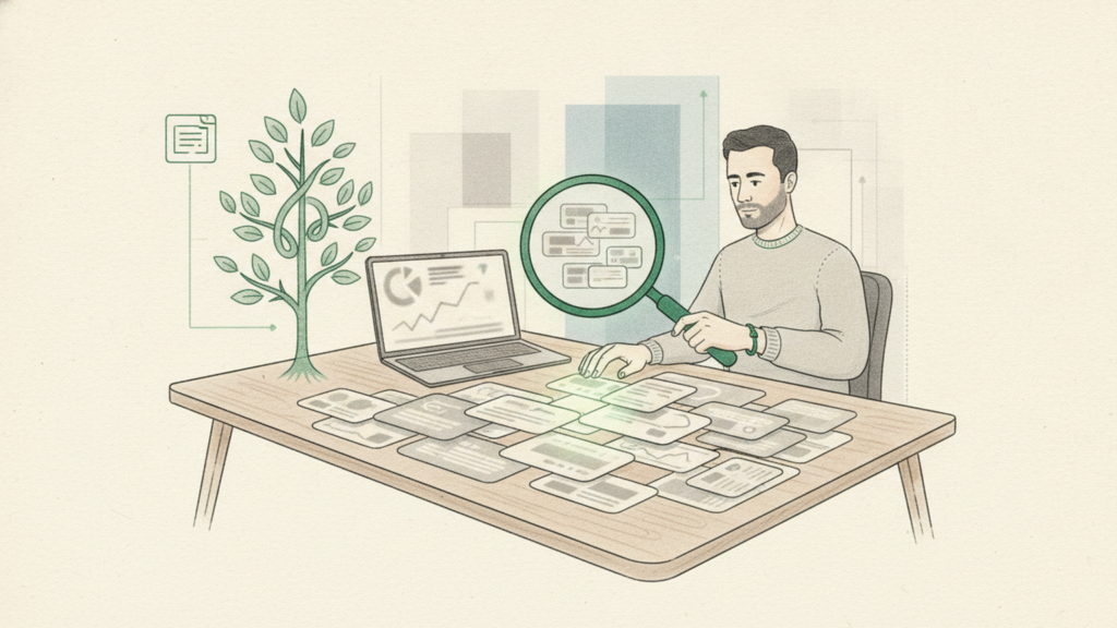 Imprenditore che organizza query e gruppi tematici su una lavagna durante una sessione di keyword research
