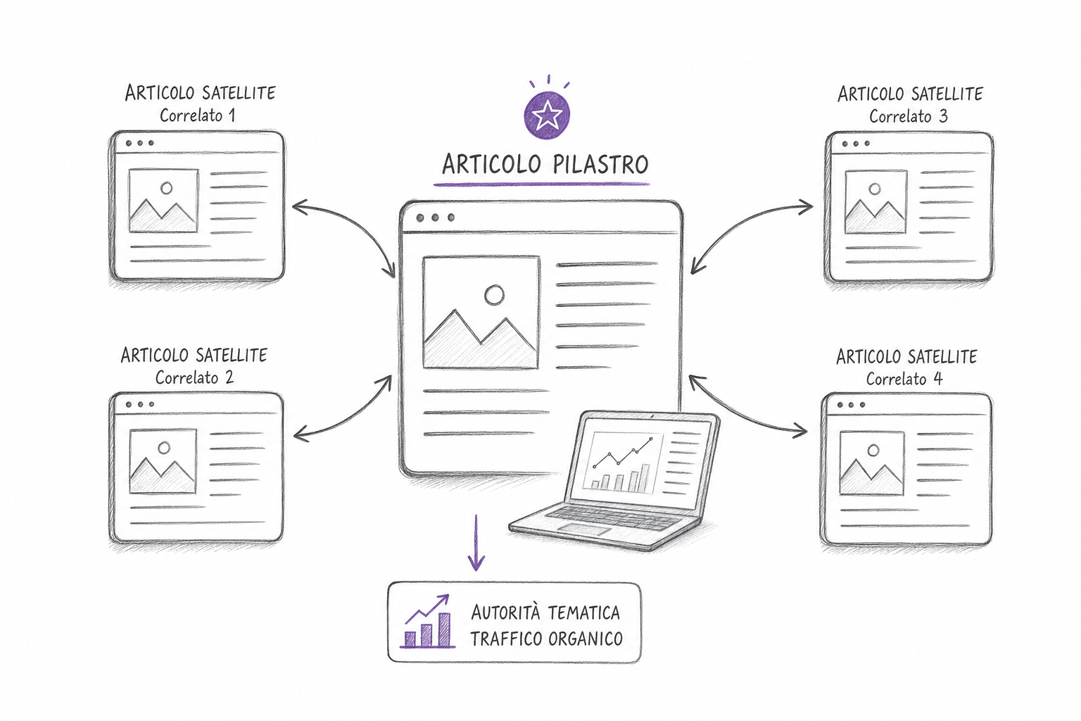 Mappa disegnata a matita di un articolo pillar collegato ai satelliti nella keyword research