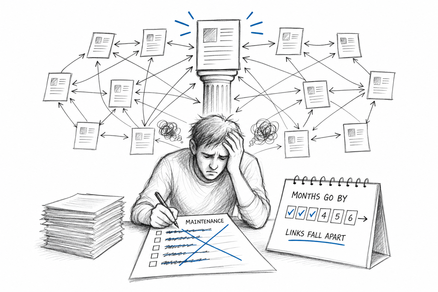 Pencil sketch of a desk overwhelmed by manual link maps illustrating the maintenance load behind organic seo clusters