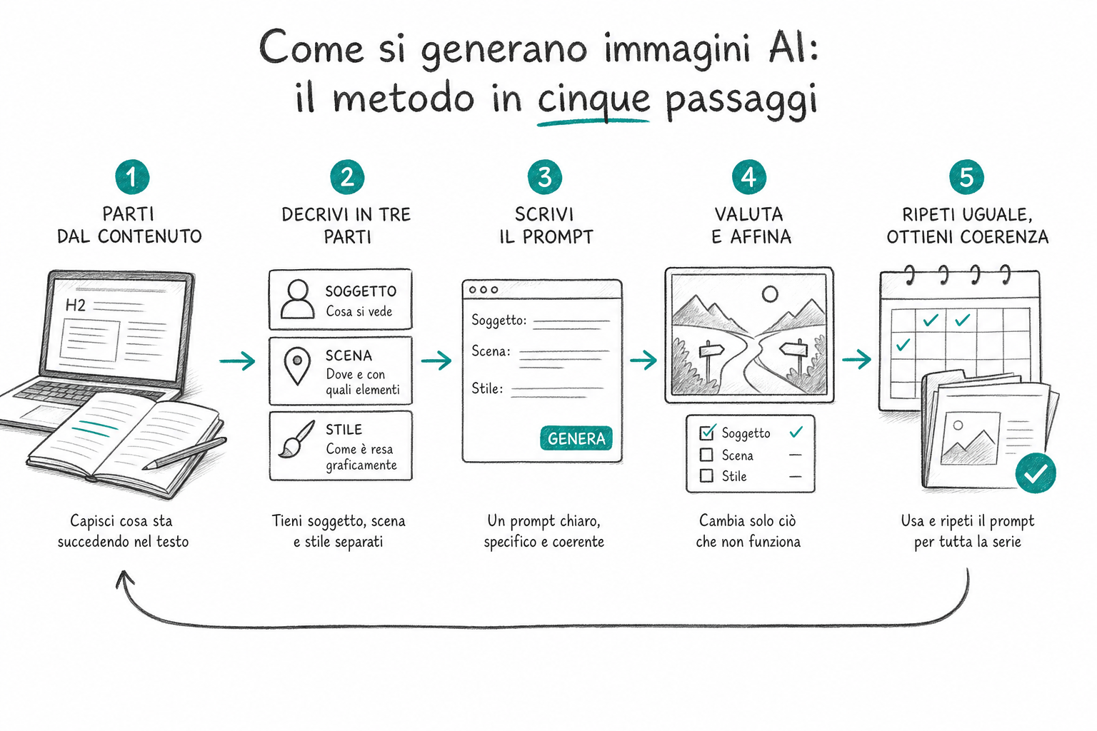 Schema a matita dei cinque passaggi per generare immagini AI dalla lettura del testo alla pubblicazione online