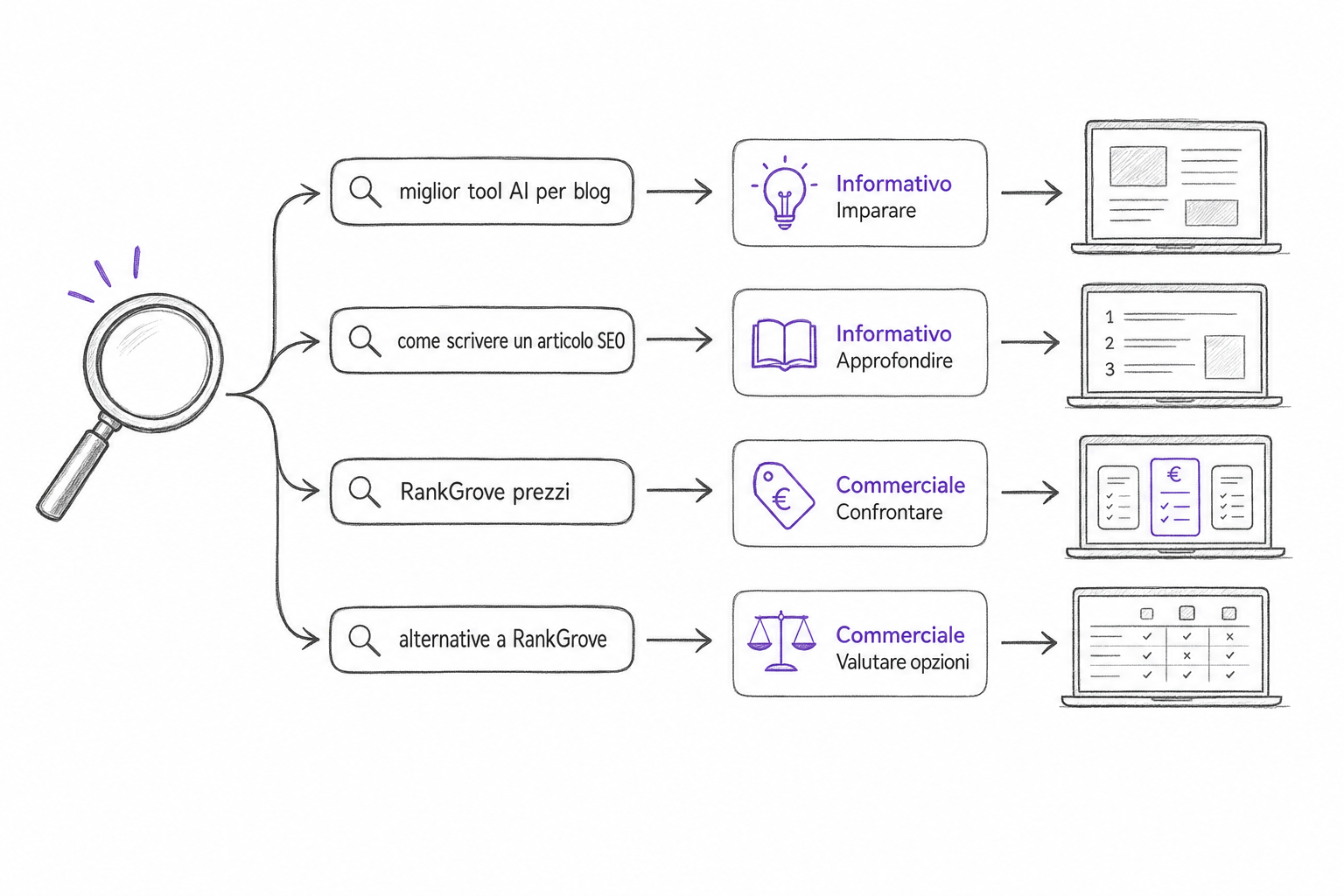 Schema a matita dei quattro tipi di intento di ricerca da valutare durante la keyword research