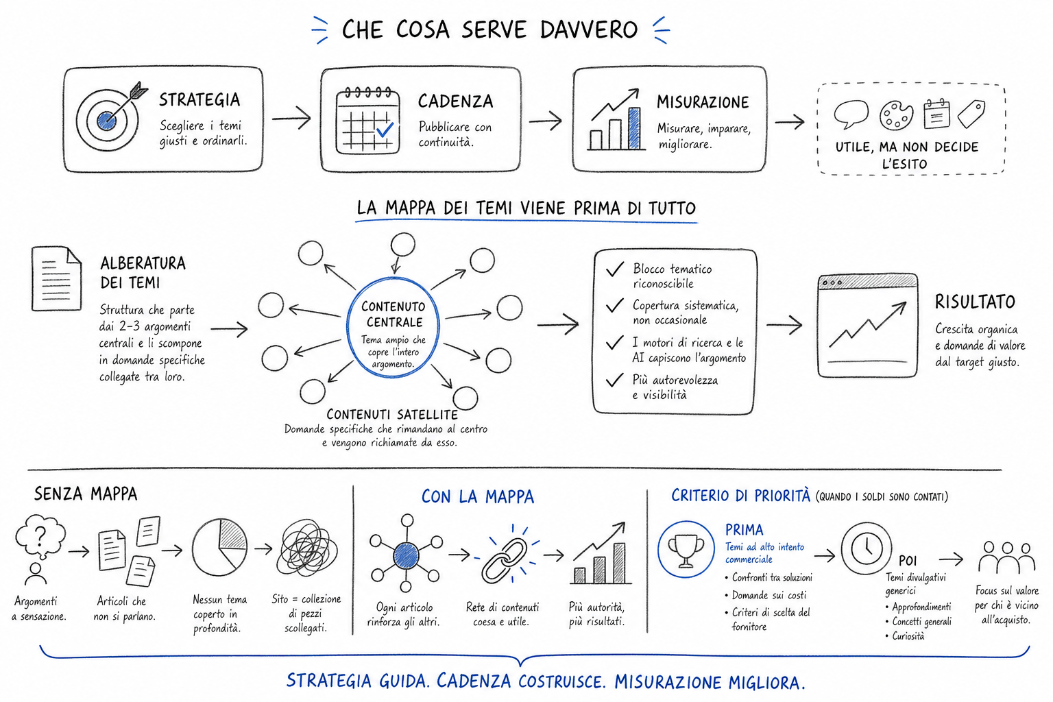 Schema a matita di una strategia di content marketing con articolo centrale e temi satellite collegati
