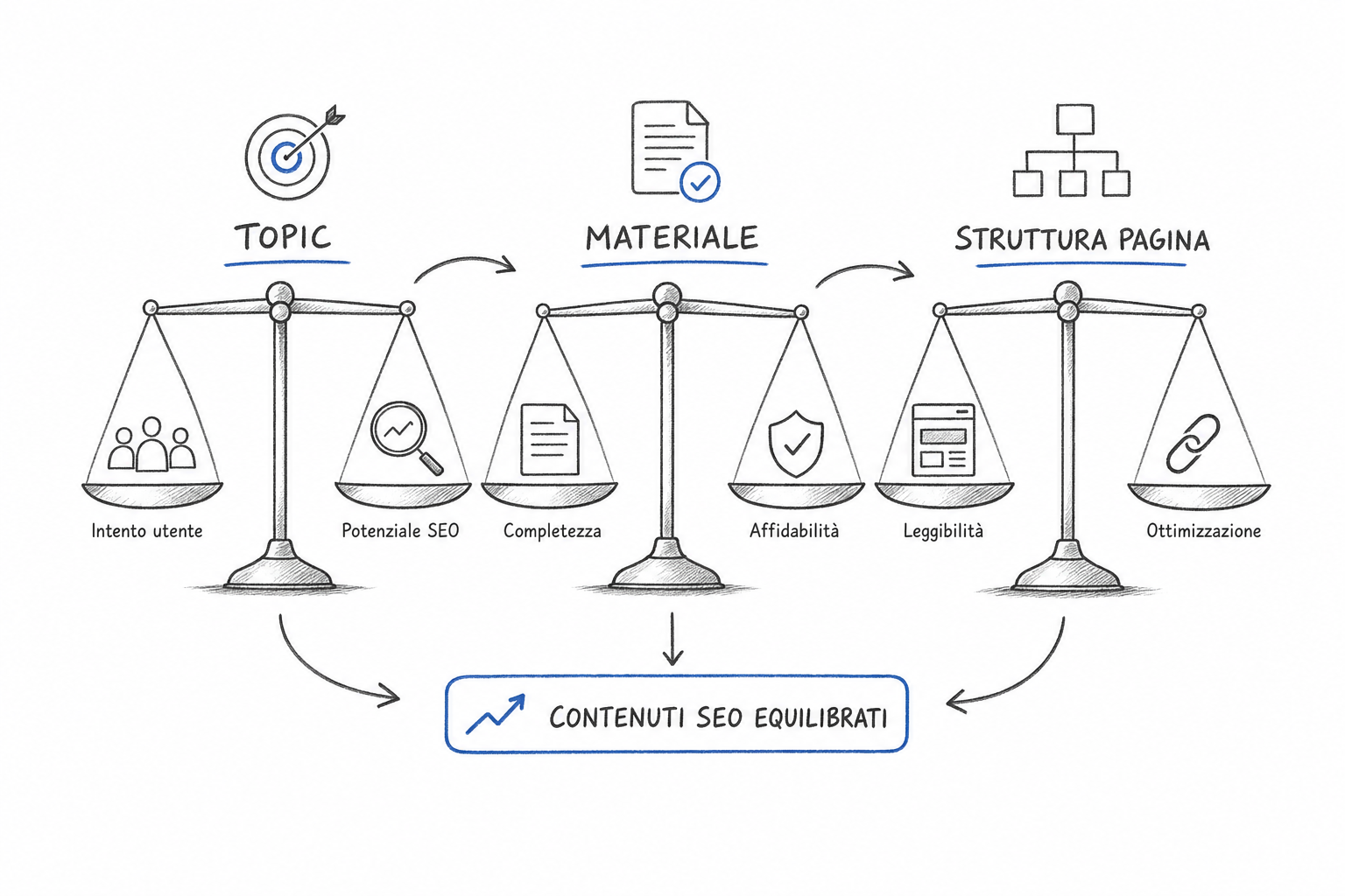 Schema dei tre fattori che decidono il posizionamento nella SEO AI: argomento, materiale originale e struttura