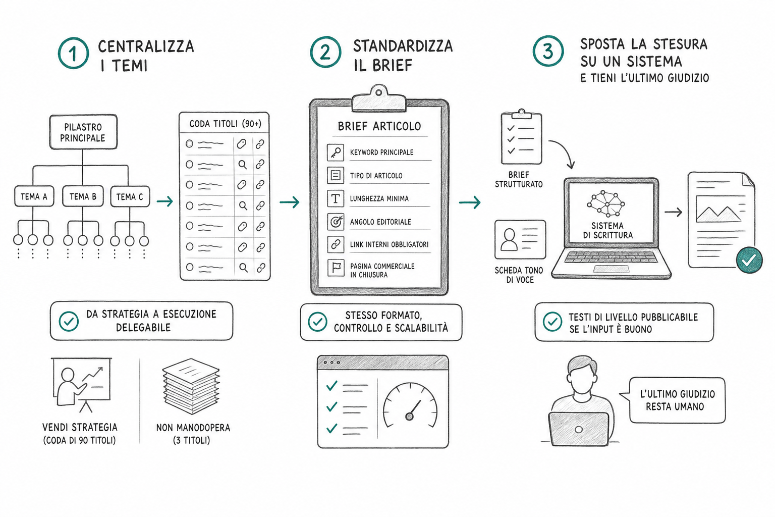 Schema del flusso di produzione di un agenzia content marketing dal tema scelto all articolo pubblicato