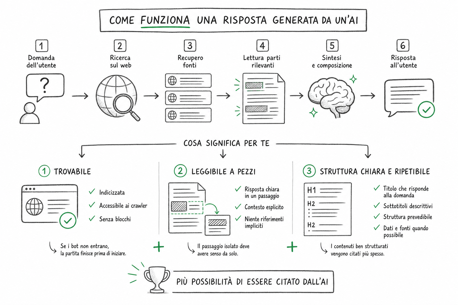 Schema del percorso da fonti web a risposta unica, meccanica alla base della generative engine optimization