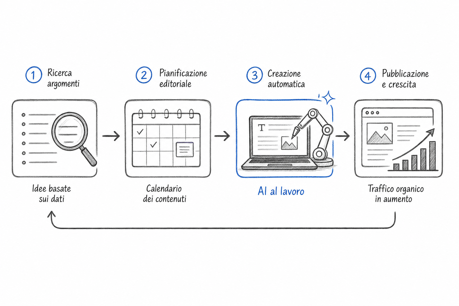 Schema delle quattro fasi di un processo editoriale con scrittura AI, dalla scelta dei temi alla pubblicazione