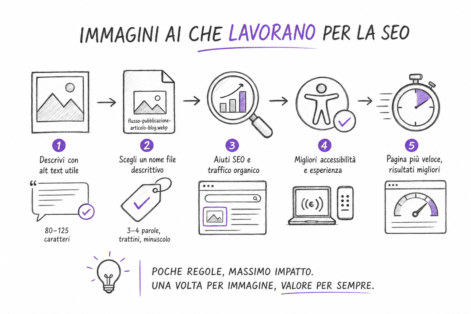 Schizzo a matita dei controlli da fare per pubblicare immagini AI ottimizzate su un blog aziendale