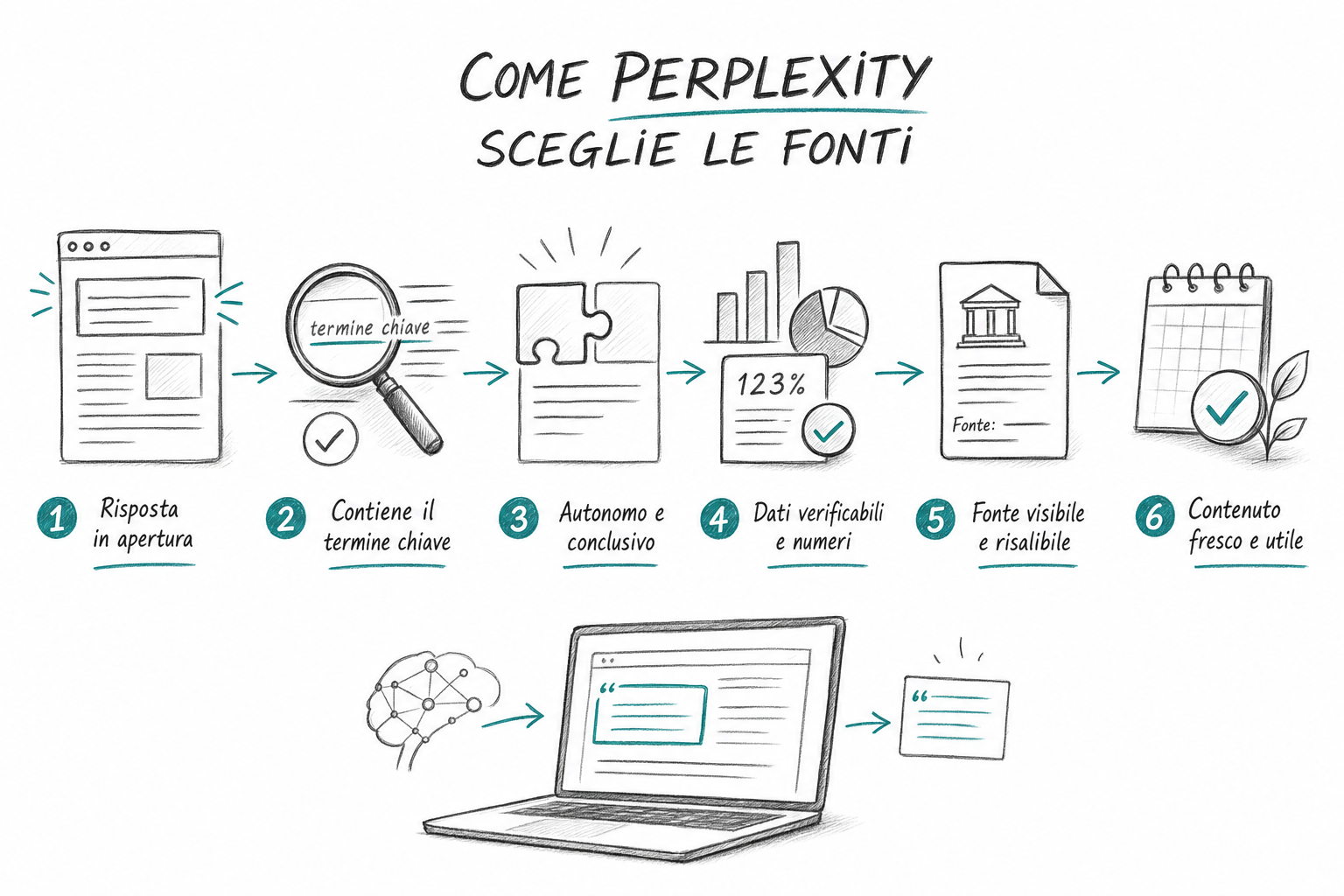 Schizzo di una pagina web con risposta in apertura e data di aggiornamento, criteri con cui funziona Perplexity