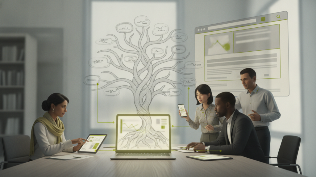 Editorial planning of an SEO blog shown as a branching topic tree connecting pillar and supporting articles