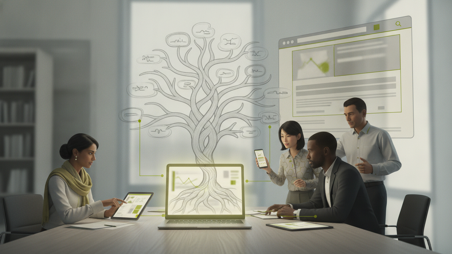 Editorial planning of an SEO blog shown as a branching topic tree connecting pillar and supporting articles