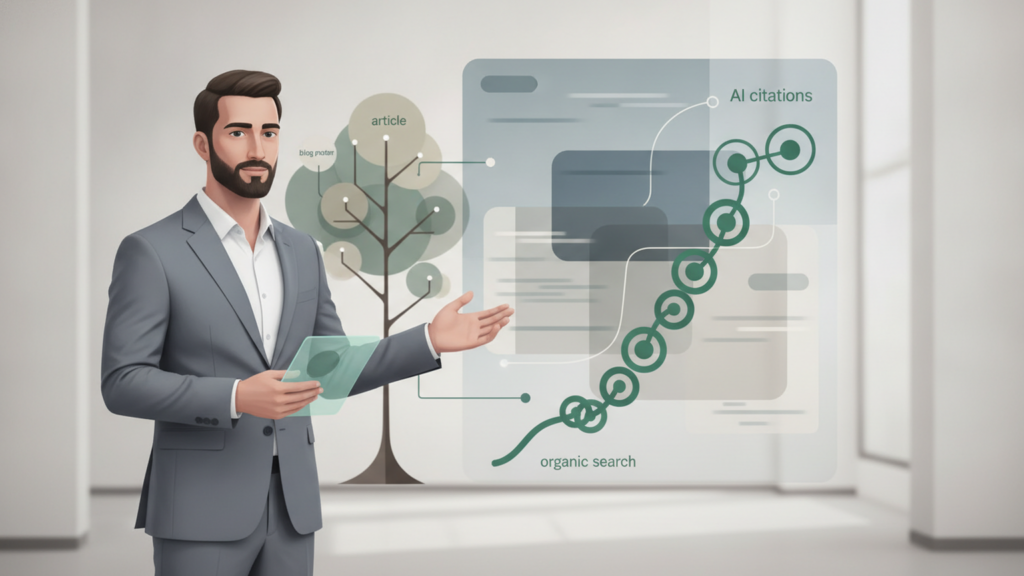 Imprenditore analizza strategia di seo marketing con dashboard di posizionamento organico e citazioni delle AI
