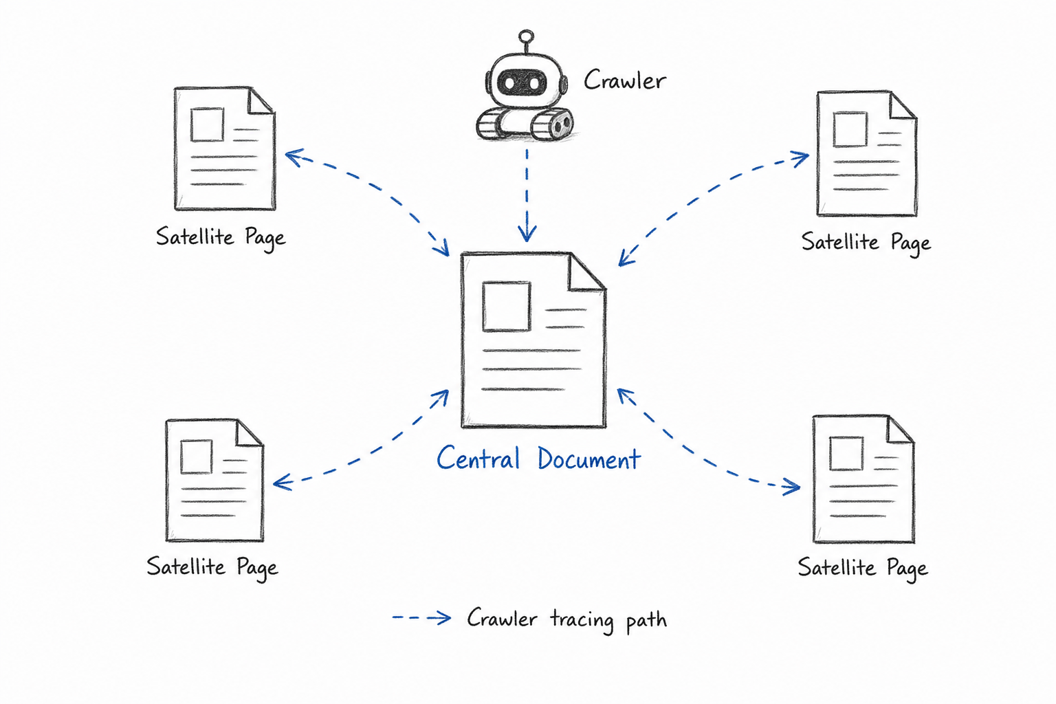 Sketch of a crawler following internal paths from satellite pages to a central hub, the core of organic seo structure