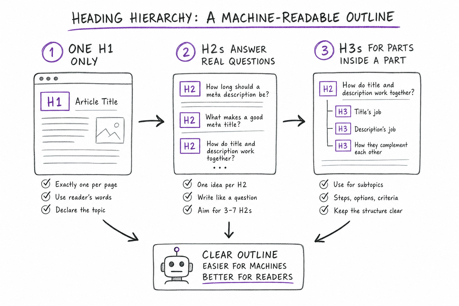 Sketch of a nested heading outline showing H1 H2 H3 levels used for google seo readability and crawling