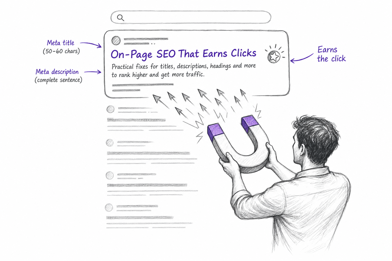 Sketch of a search snippet with title and description lines, the part of google seo that decides the click