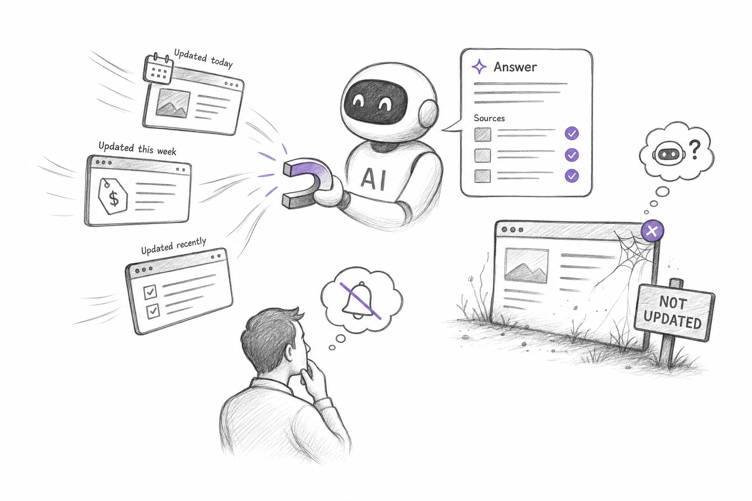 Sketch of an AI answer engine choosing fresh sources over a dormant archive, key to a modern seo strategy
