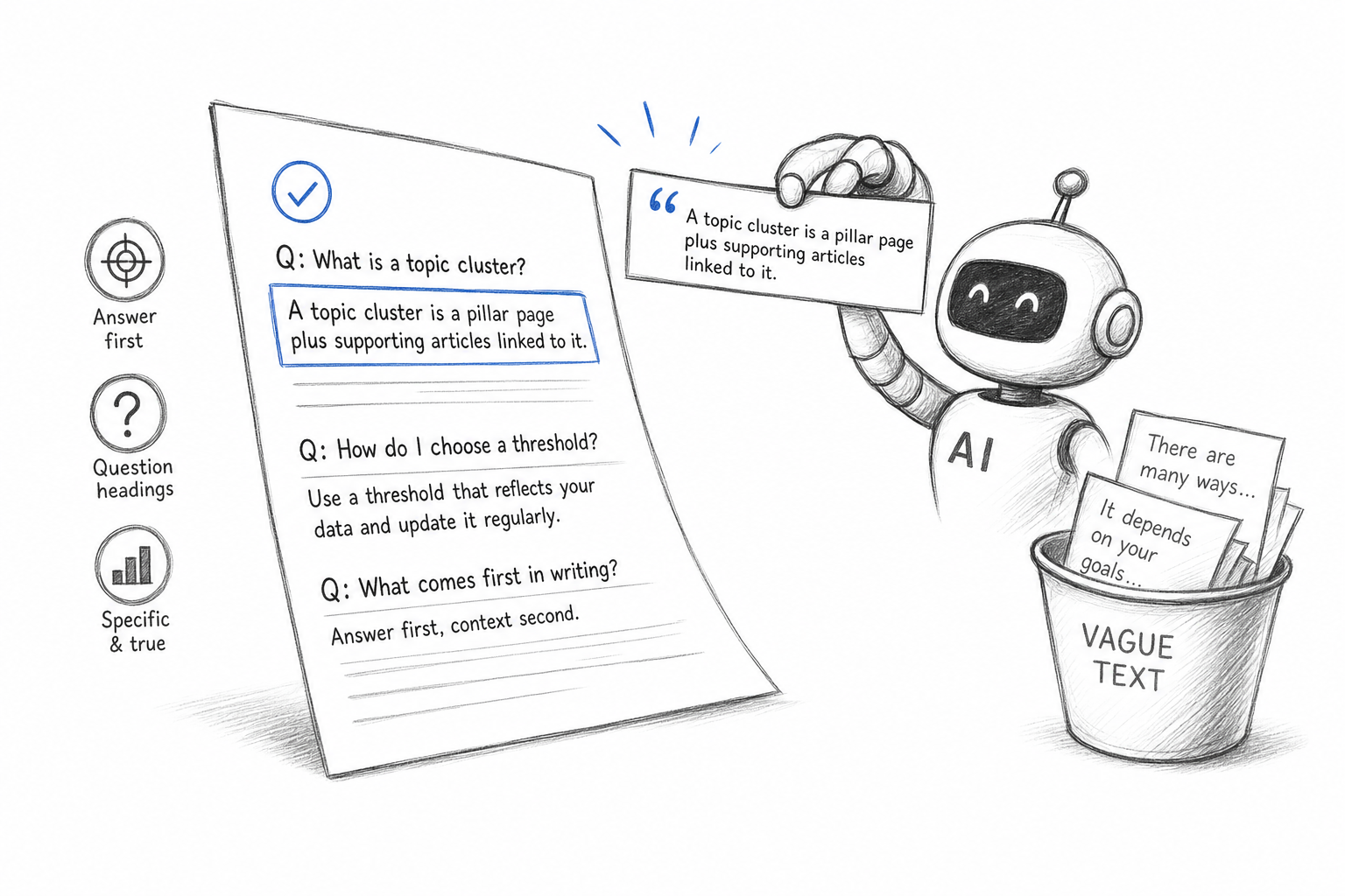 Sketch of an answer first paragraph being lifted as a quotable passage for google ai search results