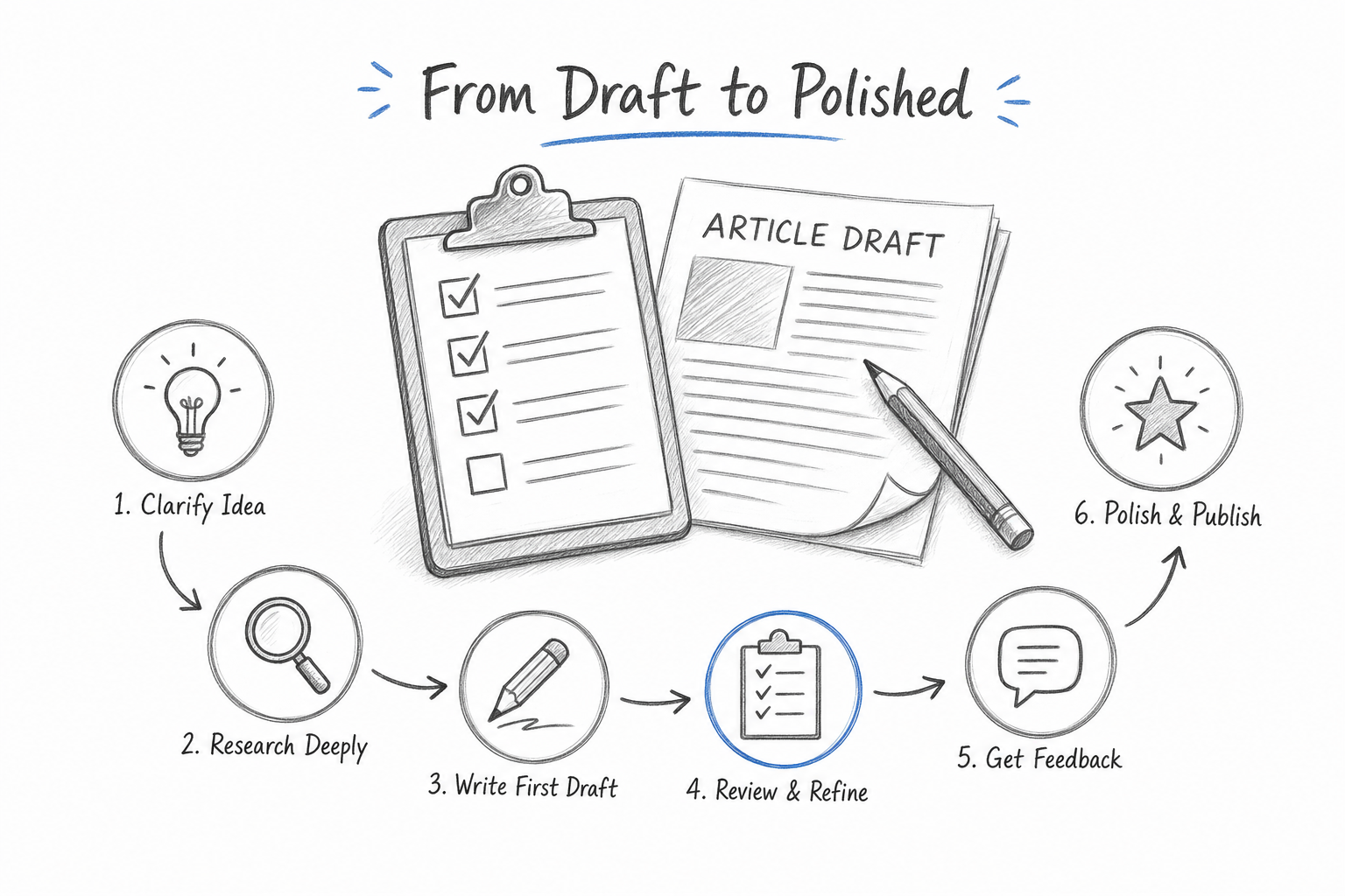 Sketch of an on-page checklist beside an article draft representing the google seo standard before publishing