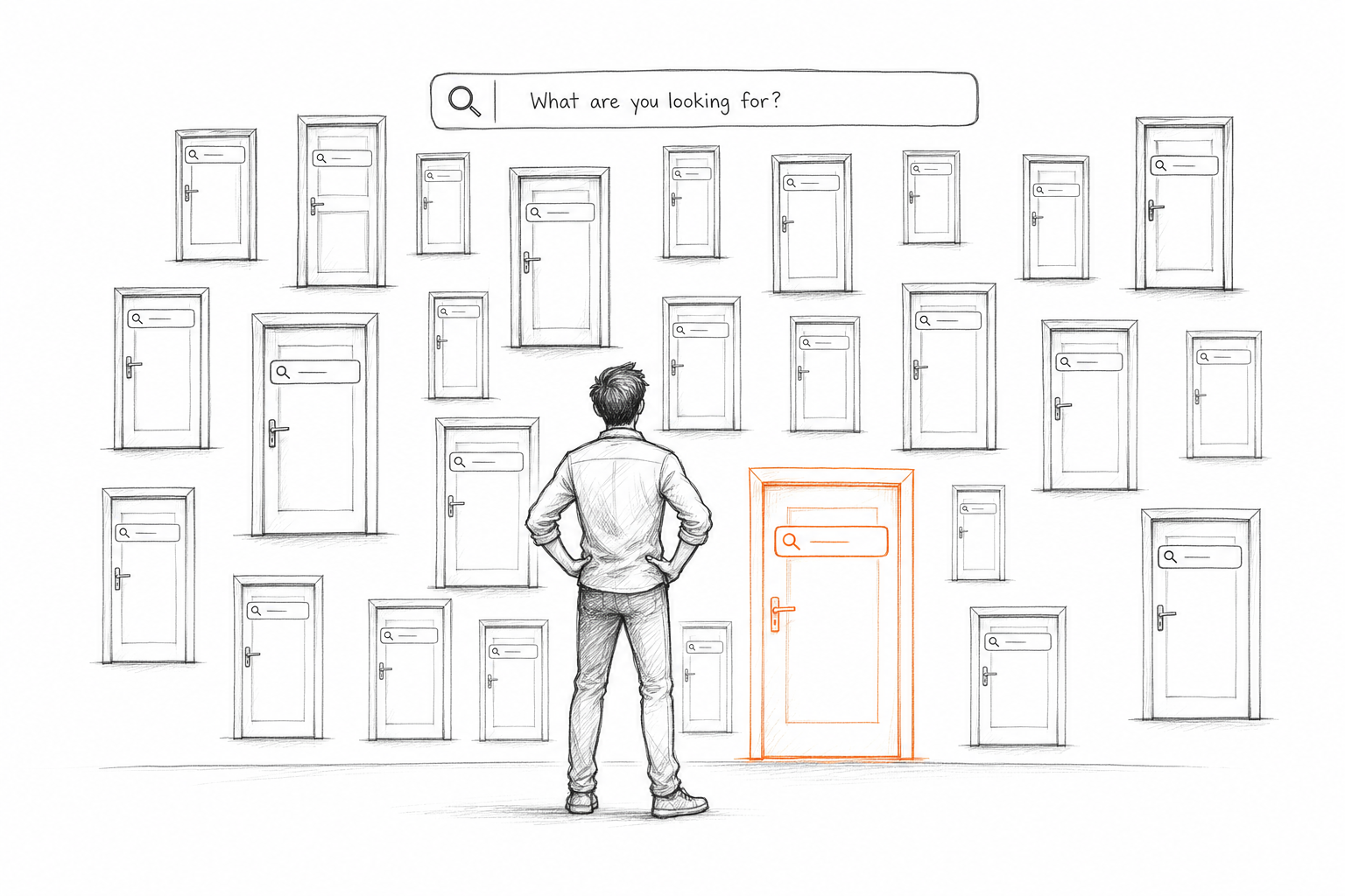 Sketch of content coverage growing as doors on a wall, illustrating how automated seo optimization builds search entry points