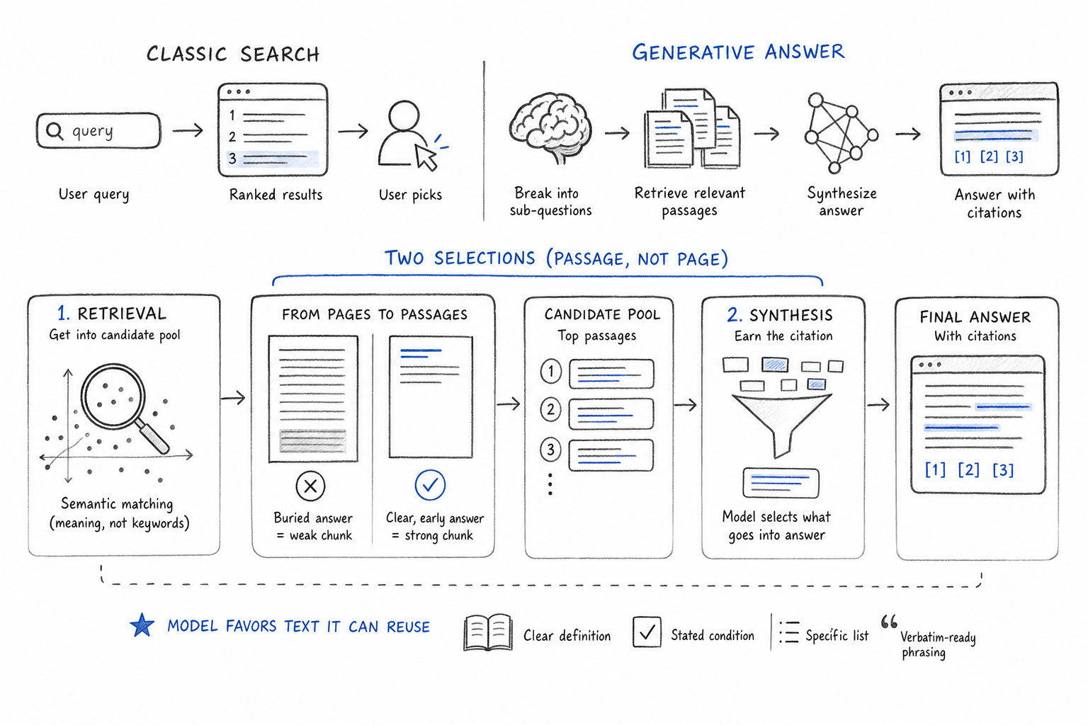 Sketch showing how google ai search retrieves passages and merges them into a single cited answer