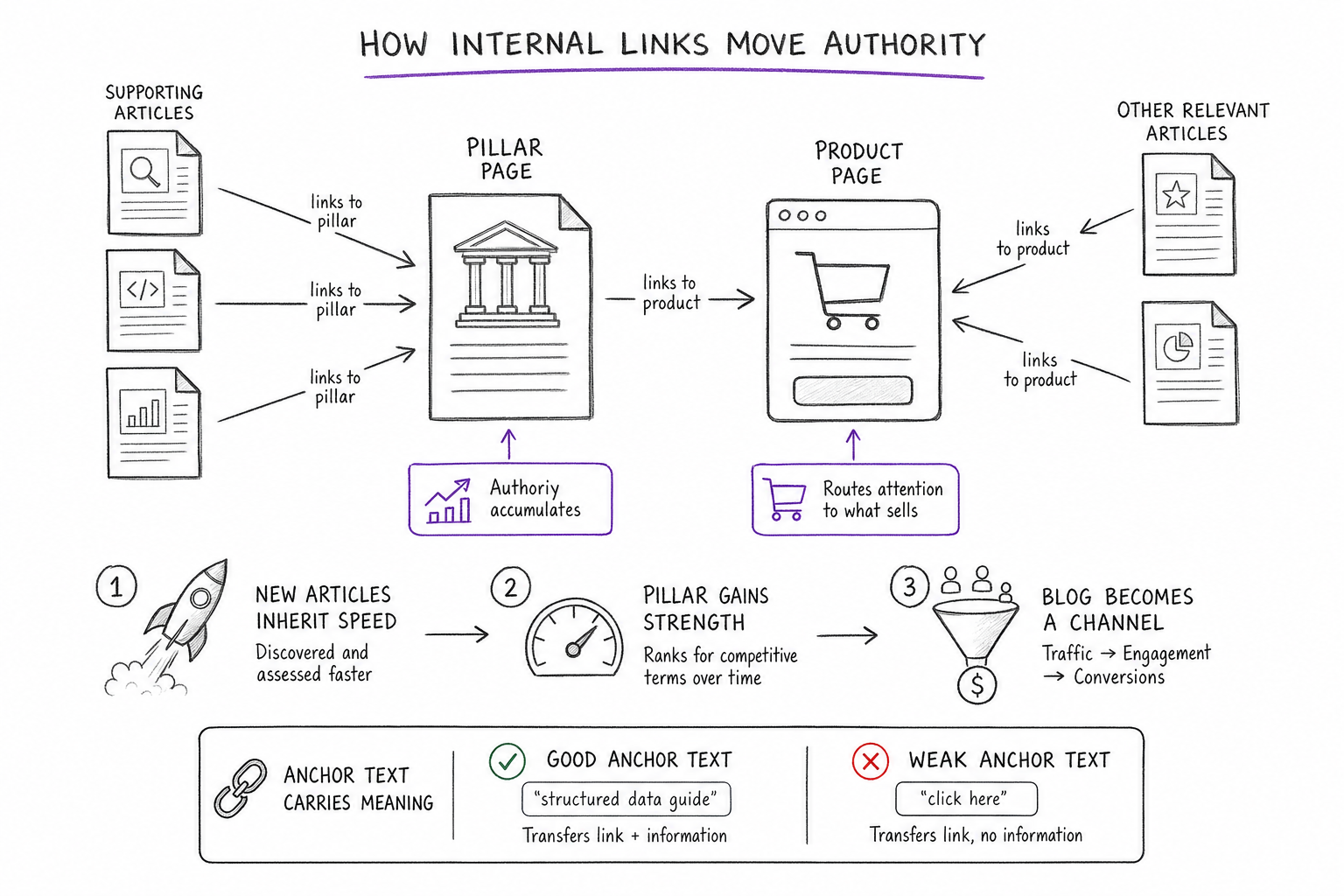 Sketch showing internal links carrying authority between blog pages toward a product page in an seo strategy
