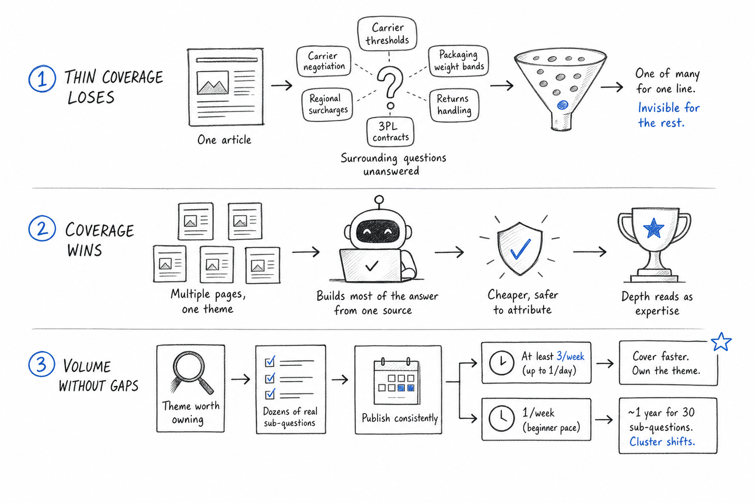 Sketch showing why seo ai visibility fails when one article stands alone without satellite content around a theme
