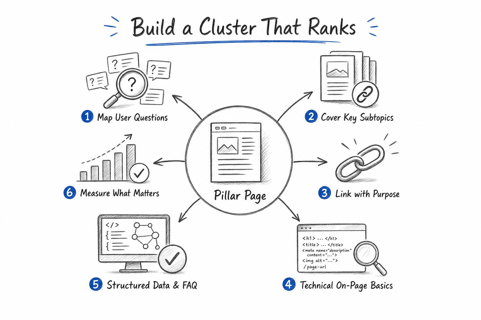 Sketched icons for the five supporting themes that complete a topic cluster seo optimization strategy