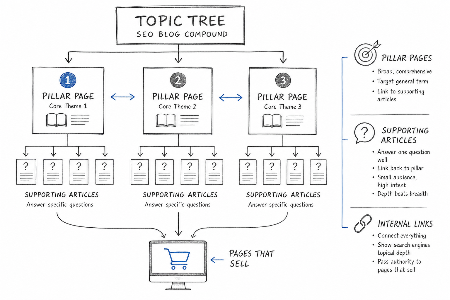 Topic tree diagram showing how an SEO blog connects pillar pages, supporting articles and commercial pages